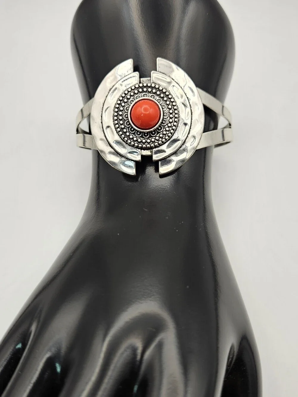 Cuff Bracelet Red Stone Silver Tone Hammered Statement
